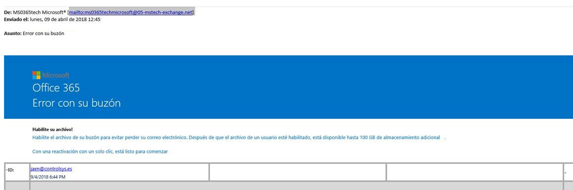 Aviso: Envío de phishing enmascarado Office 365