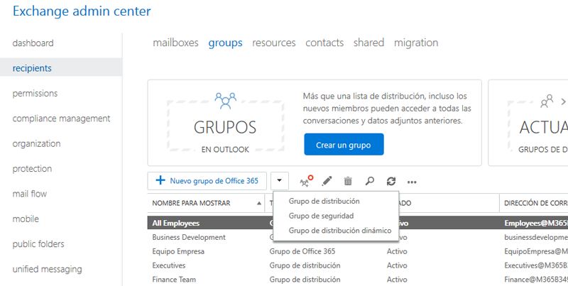 Tipos de grupos en Office 365