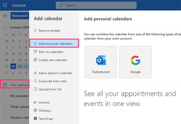 Añadir calendario personal en Outlook - Office 365