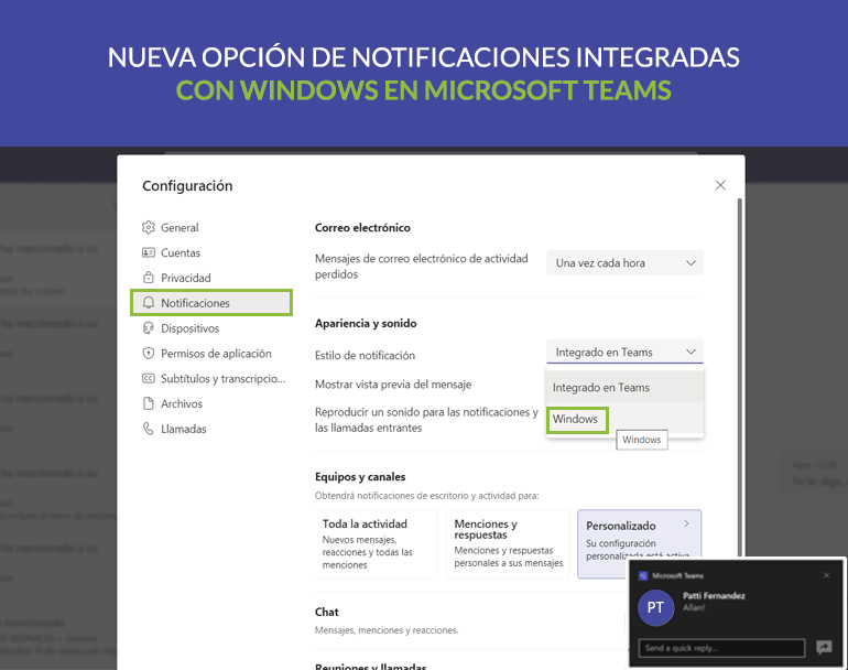 Nueva opción de notificaciones integradas con Windows en Microsoft Teams