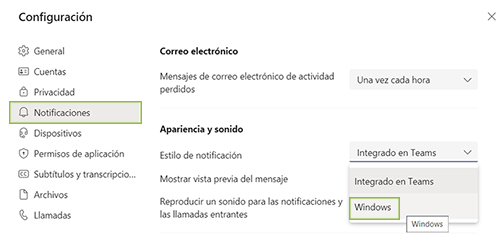 Nueva opción de notificaciones integradas con Windows en Microsoft Teams